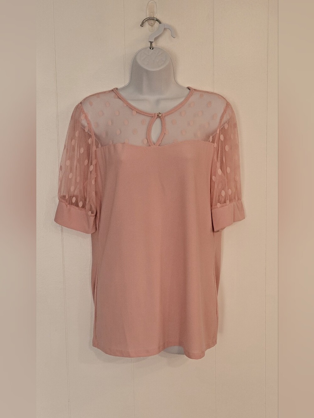 NY Collection Blush Pink Sheer Dot Sleeve Keyhole Blouse